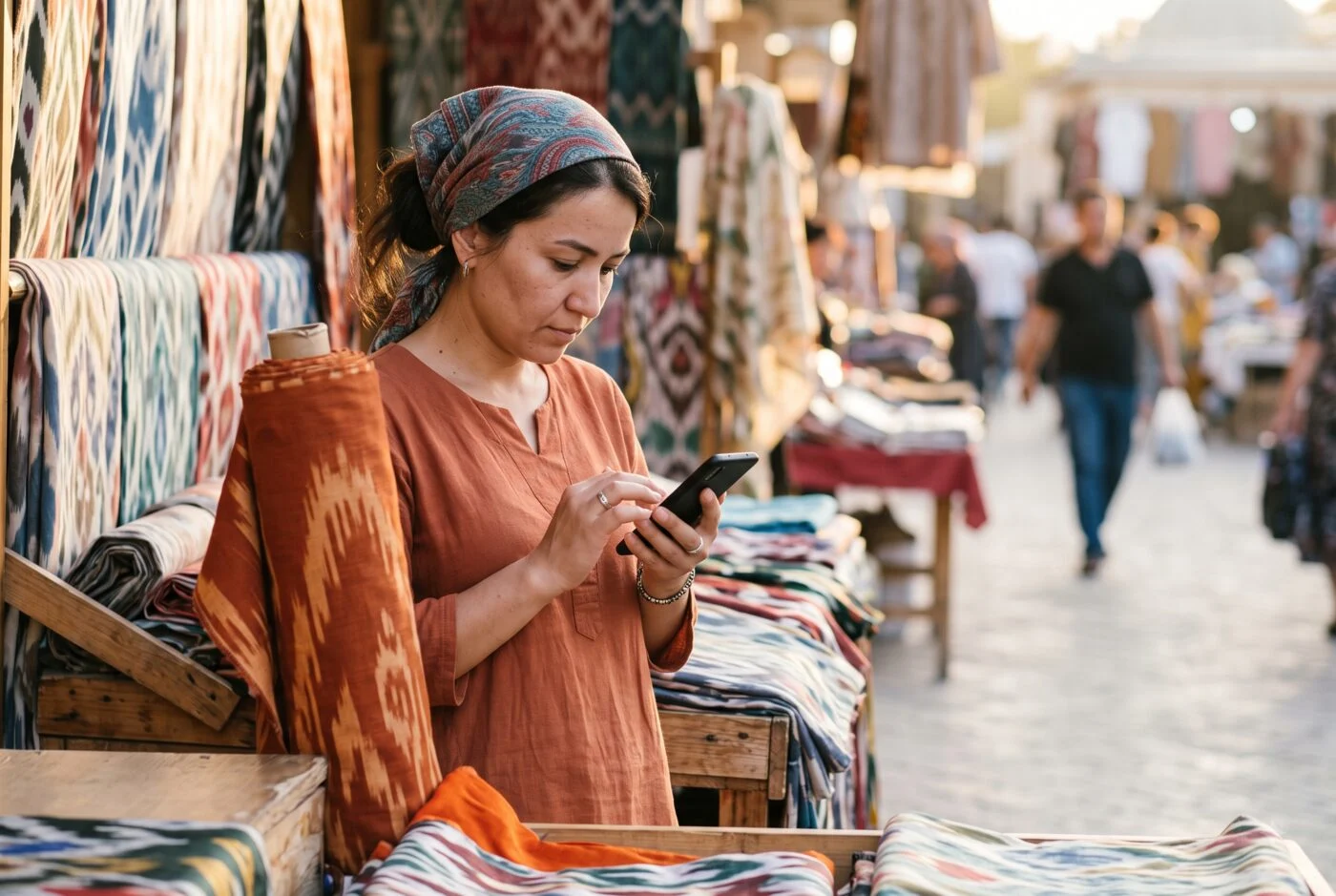 A market trader taking the assessment on her phone